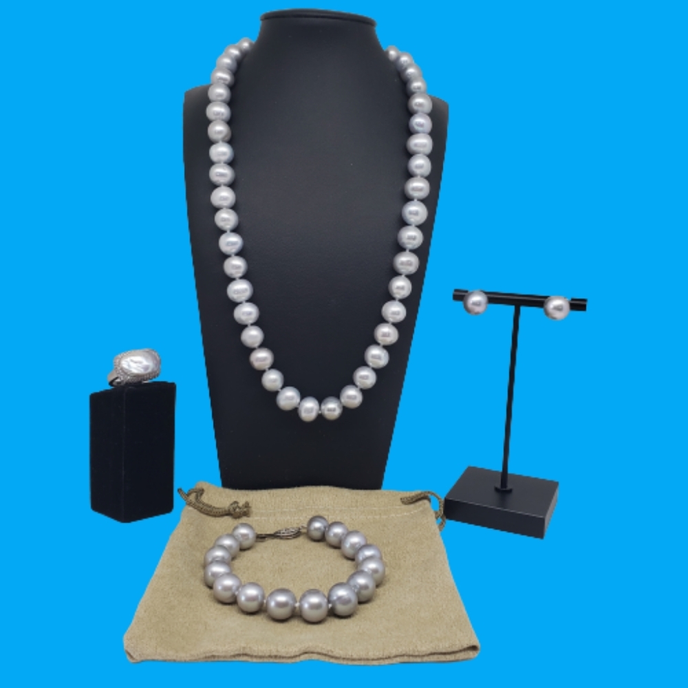SILVER CWFP Necklace/Bracelet/Earring/BAROQUE Cultured Pearl Zircon Ring SET